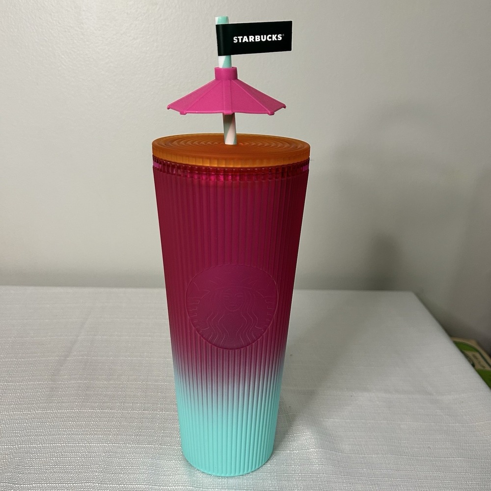 Starbucks 2025 Neon Pink Gradient Pleated Sun Umbrella Topper Charm Tumbler